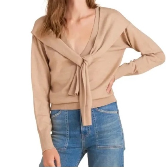 Veronica Beard LENI STRIPE TIE NECK MERINO WOOL SWEATER IN CAMEL Size L - Picture 3 of 9